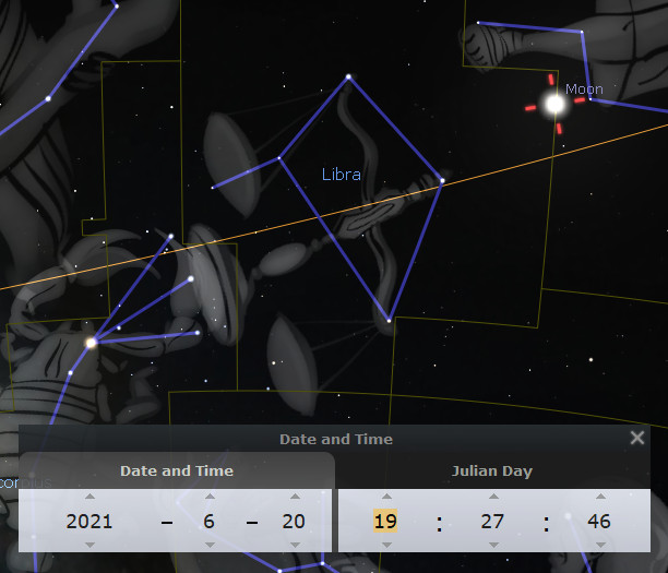 An astronomical software interface displaying the constellation commonly located within the Mazzaroth during mid-June 2021. It shows stellar connections forming a distinct pattern, with nearby labeled indicators for the Moon and a grid for celestial coordinates. The date and time are visible at the interface's bottom, marking June 20, 2021, at 19:27:46 Julian Day.