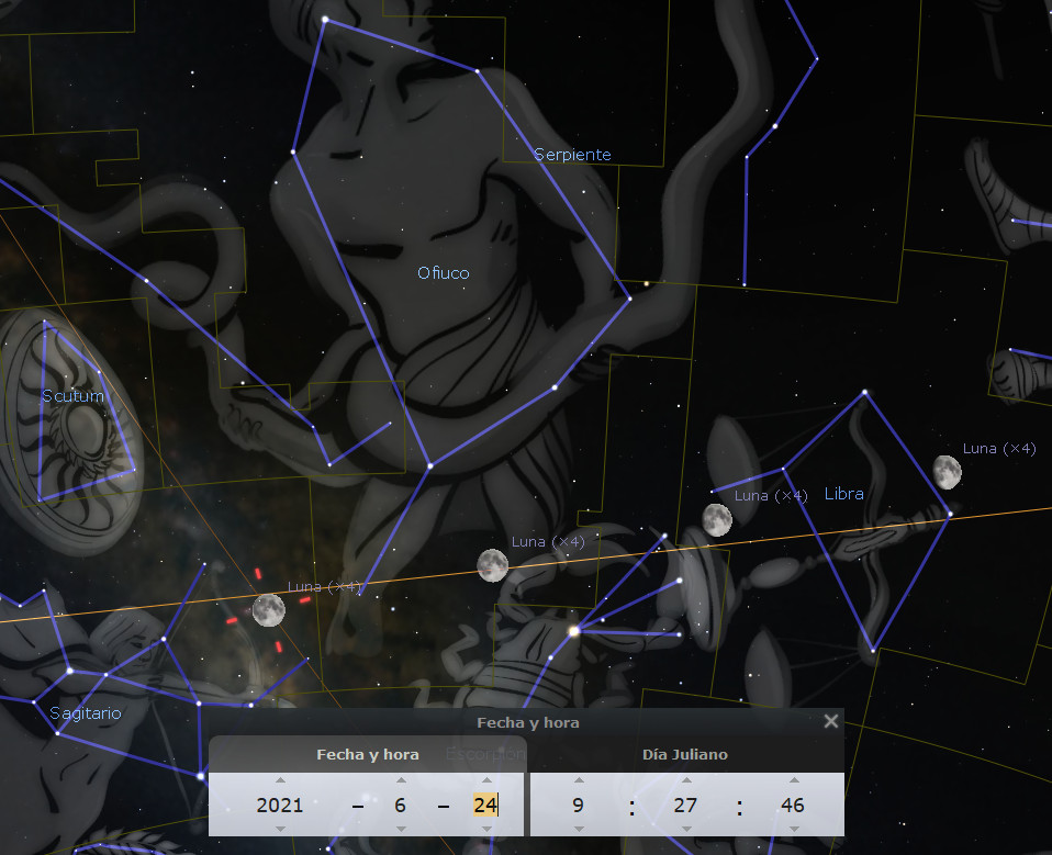 Imagen que representa varias constelaciones visibles en el cielo nocturno, marcadas con líneas azules y rodeadas por las estrellas. Destaca una figura de un arquero, asociado con la Mazzaroth. Incluye elementos gráficos que muestran la posición de la Luna y otras constelaciones, con datos de fecha y hora visibles en una interfaz en la parte inferior.