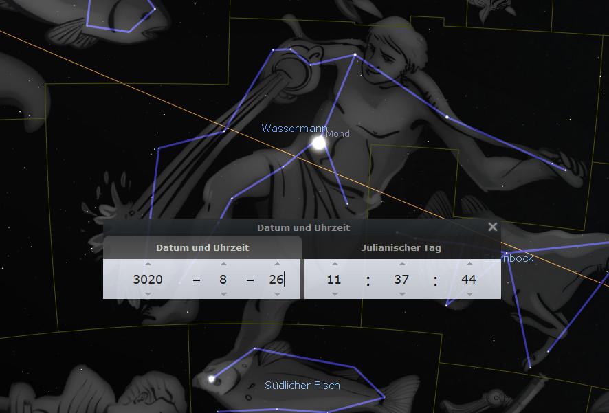 Digitale Darstellung des Nachthimmels mit Überlagerungen von Sternenbildern, die menschliche und tierische Figuren darstellen. Hervorgehoben sind Elemente mit blauen und gelben Linien, die verschiedene Sterne verbinden, um die Figuren zu formen. Einige Kontrollfenster zeigen das Datum und die Uhrzeit der Beobachtung an, eingestellt auf das Jahr 3020.