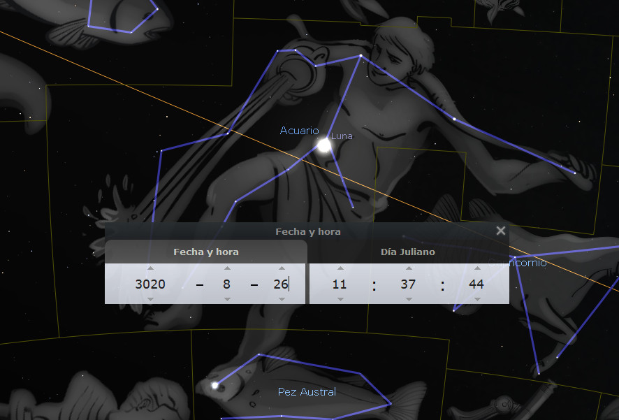 Imagen de una configuración celestial que muestra constelaciones representadas artísticamente como figuras humanas y animales, conectadas por líneas para marcar sus formas en el cielo estrellado. Incluye etiquetas con nombres de constelaciones y una ventana emergente con fecha y hora en formato futuro.