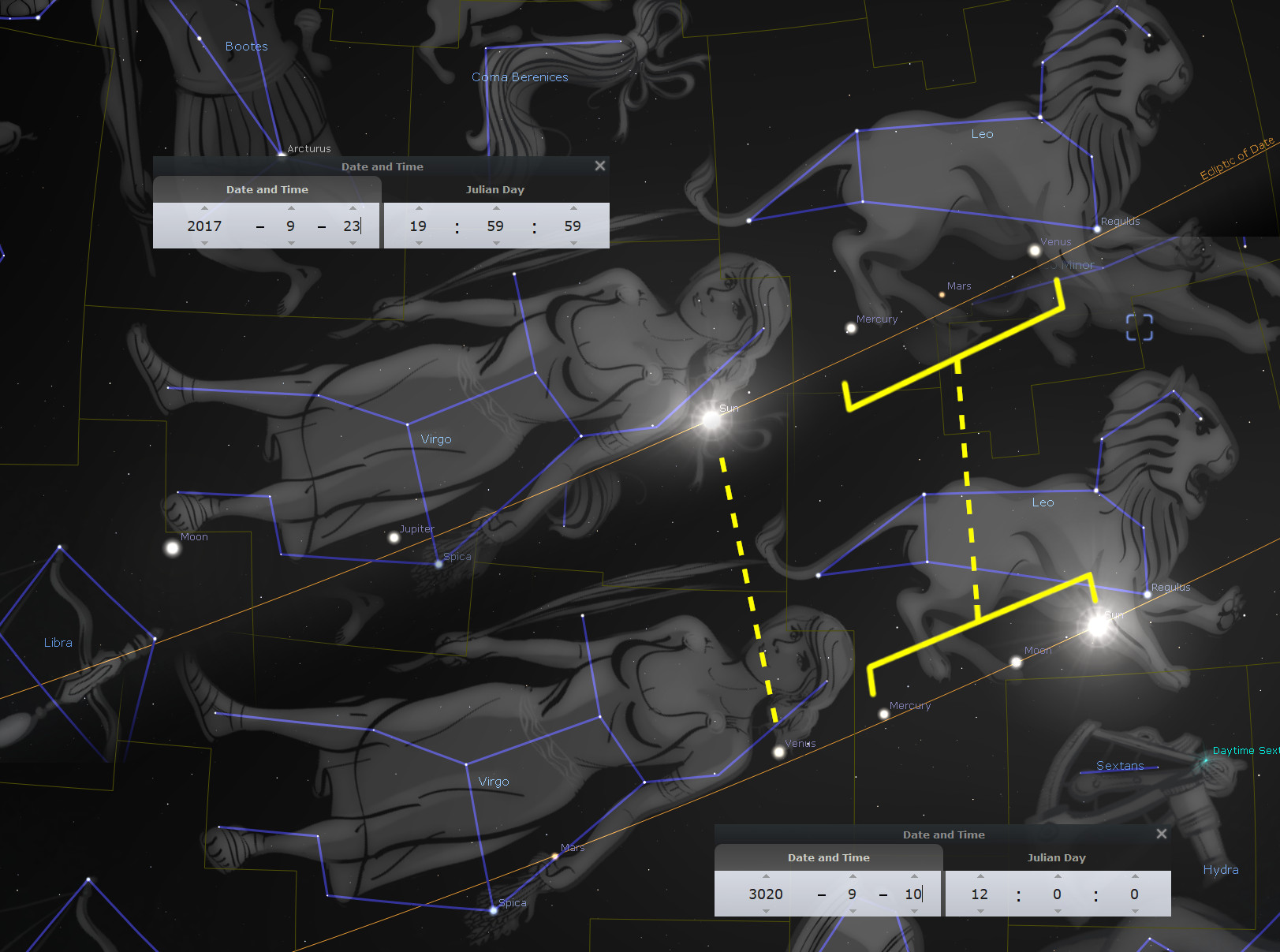 A celestial map featuring visible constellations and planetary positions at two different times, labeled 2017 and 3020. The formations of stars are illustrated as the celestial figures Virgo and Leo. The map exhibits various celestial bodies including the Moon, Jupiter, Venus, Mars, and Mercury across a dark starry background, connected by lines forming traditional constellation patterns.