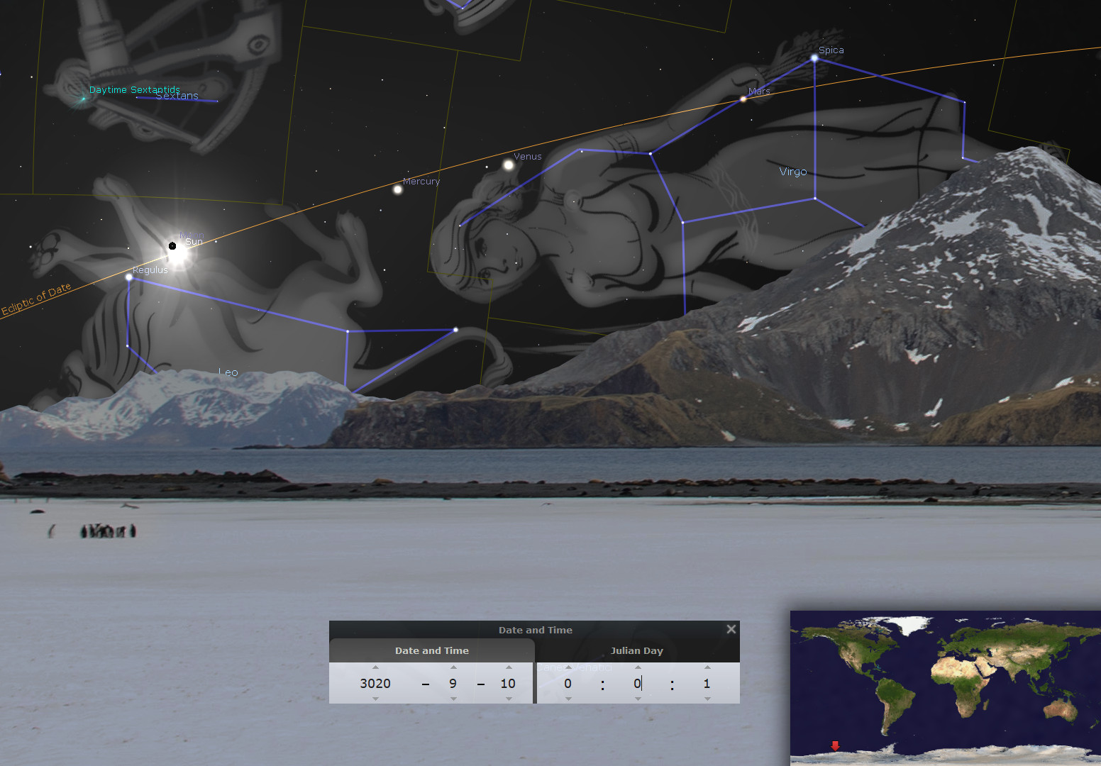 A digital composite image depicting a night sky overlaying an earthly landscape with snow-covered mountains and a shoreline in the foreground. The sky includes annotations and illustrations of constellations associated with the Mazzaroth. Key celestial bodies like the planets Mercury and Venus are labeled, along with prominent stars such as Regulus. An interface at the bottom displays the date and a global map indicating a selected location.
