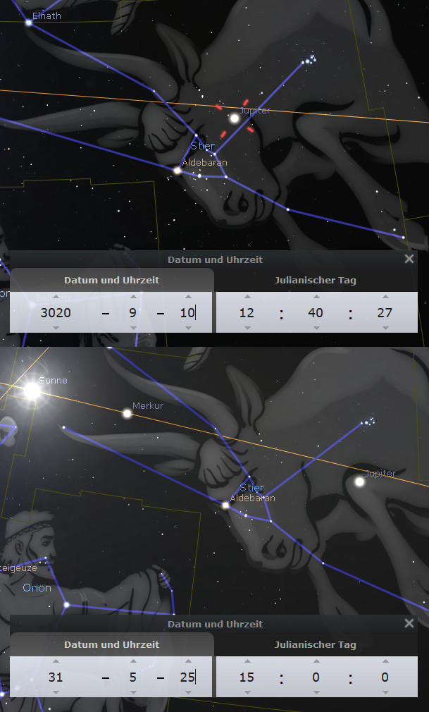 Digitale Darstellung des Nachthimmels mit einer Visualisierung von Sternen und Linien, die die Verbindungen zwischen ihnen aufzeigen. Eine Figur, wahrscheinlich aus den Überlieferungen der Mazzaroth, ist mit prominenten Sternen wie Jupiter und Aldebaran markiert. Zwei Zeitstempel zeigen verschiedene Zeitpunkte an: "3020-9-10 12:40:27" und "31-5-25 15:0:0".