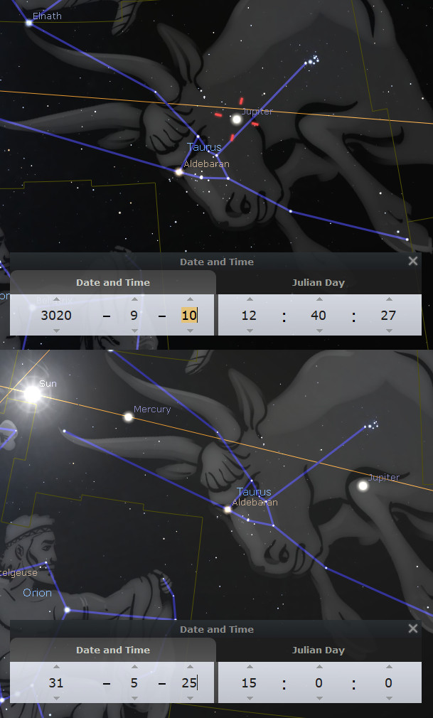 A digital astronomical representation showing a cluster of stars overlaid with illustrations. A light network of lines connects various stars forming constellation patterns resembling figures from distant mythologies, referred to by some as the Mazzaroth. Labels like Jupiter, Mercury, and Orion are present on the depicted illustrations connected by blue lines. Two timestamps indicate different dates and times.