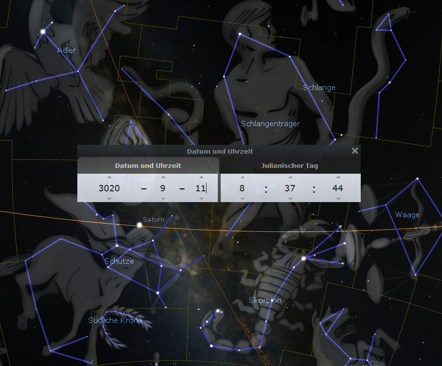 Sternenkarte mit Darstellungen mehrerer Konstellationen aus dem Mazzaroth vor einem dunklen Hintergrund. Sichtbare Konstellationen umfassen Skorpion, Waage und Adler. Ein Datums- und Uhrzeit-Overlay zeigt "3020-9-11, 8:37:44 Julianischer Tag" an.