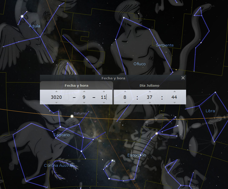 Imagen de un mapa estelar digital mostrando constelaciones con líneas azules conectando las estrellas. Se visualizan figuras mitológicas como el Águila, la Serpiente y componentes del Mazzaroth, junto con posiciones planetarias como Saturno. Un cuadro flotante muestra la fecha en el año 3020 y la hora exacta en formato digital.
