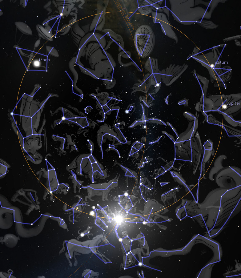 A detailed night sky map showcasing various celestial bodies including the Moon, Saturn, Jupiter, Mars, Venus, and Mercury, connected by illustrated lines forming constellations within the Mazzaroth. A bright cluster of stars at the center suggests a significant astronomical event.