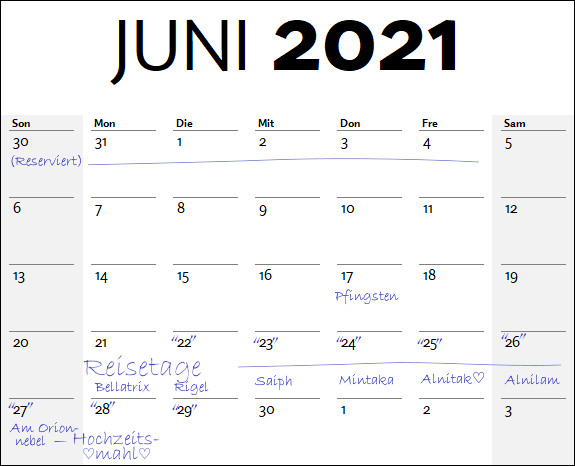 Kalender für Juni 2021, beginnend mit dem 30. Mai am Sonntag und endend am 3. Juli am Samstag. Die Wochen sind vertikal geordnet, Feiertage und besondere Termine sind markiert, wie Pfingsten am 17. Juni, sowie „Reisetage“ zwischen dem 21. Juni und dem 27. Juni mit Notizen zu den Sternen Bellatrix und Rigel, und anderen kosmischen Bezeichnungen.
