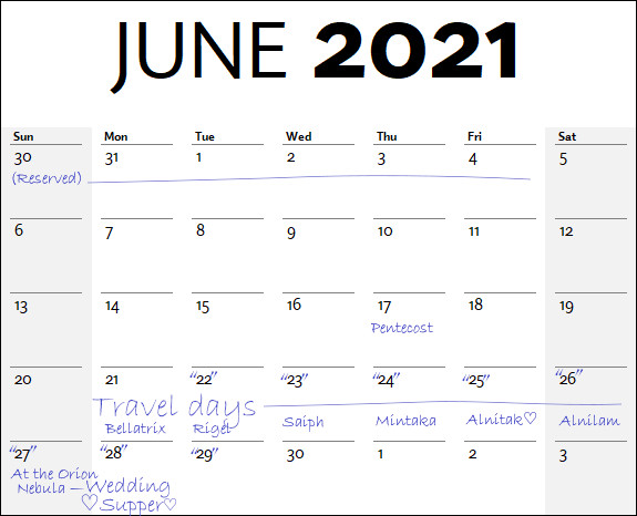 A calendar for June 2021 showing standard week layout from Sunday to Saturday. Special notes include 'Reserved' on May 30th, 'Pentecost' on June 17th, and notes across other dates indicating 'Travel days', with names related to celestial stars such as 'Bellatrix', 'Saiph', 'Mintaka', 'Alnitak', and 'Alnilam' marked from the 22nd to 26th of June respectively. The 27th marks 'At the Orion Nebula - Wedding Supper'.