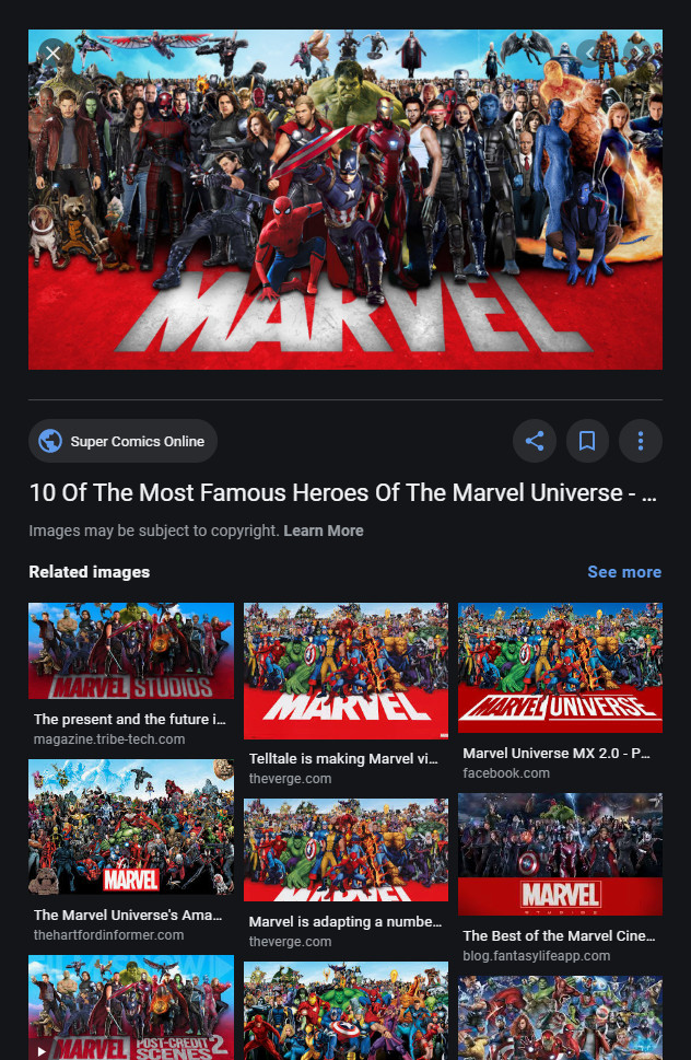 A vibrant assembly of diverse cinematic characters in an epic pose on a battleground, reminiscent of a constellation of stars in the Mazzaroth, over a bright red banner with "MARVEL" in bold white letters.