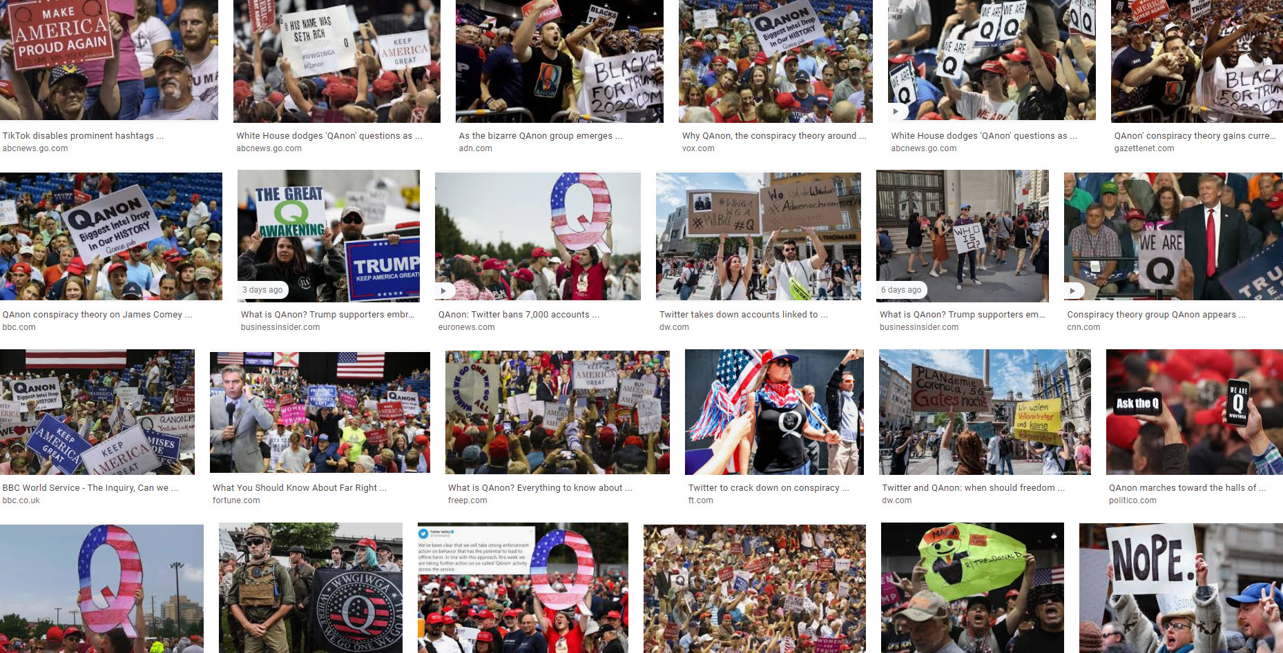 A collage of various images showing crowds at different events, predominantly featuring banners and signs with messages related to a widely discussed conspiracy theory and political campaigning.