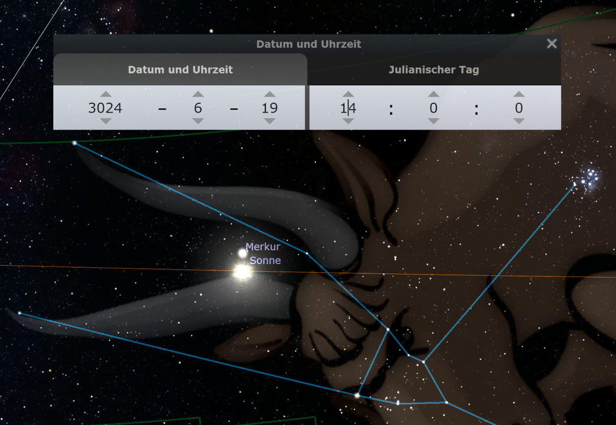 Eine astronomische Software zeigt ein himmlisches Muster im Weltraum auf einem computerisierten Hintergrund des Nachthimmels für den 19. Juni 3024. Die Darstellung enthält grafisch hervorgehobene Linien, die bestimmte Himmelskörper, wie Merkur und die Sonne, verbinden, die in der Nähe einer dargestellten Gruppierung von Sternen liegen, die einem Teil der Mazzaroth ähnelt.