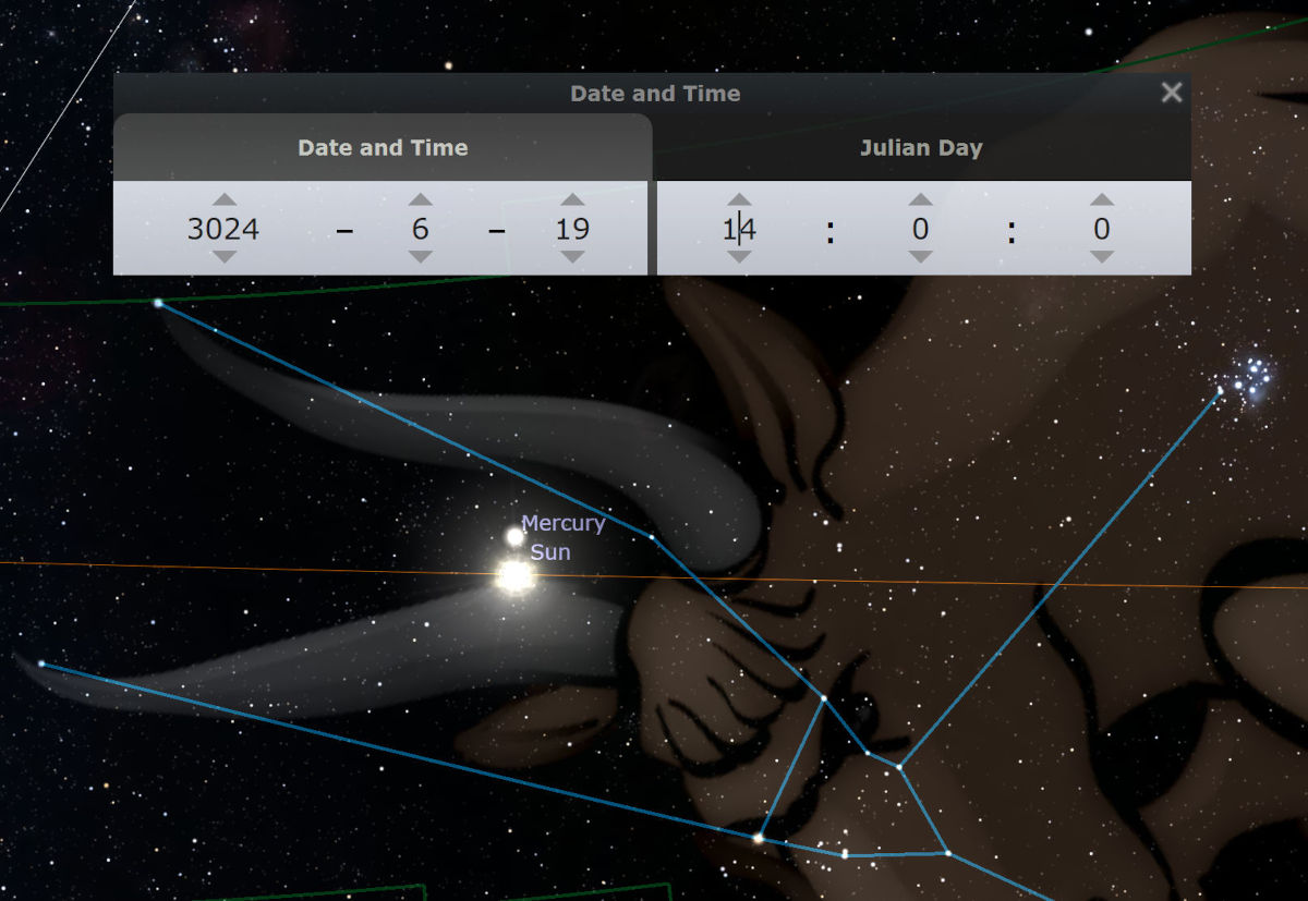 A digital astronomical representation depicting the Mazzaroth constellation, alongside visible planets Mercury and the Sun, against a cosmic backdrop abundant with stars. Engaging a user interface, the screen reveals settings for "Date and Time" marked at June 19, 3024, amidst celestial coordinates and star charts.