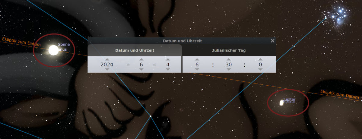 Darstellung einer astronomischen Software, die die Planeten Sonne, Venus und Jupiter im Weltraum zeigt. Überlagernde Linien kennzeichnen die Ekliptik. Ein informatives Fenster zeigt das Datum 2024-6-4 mit der Uhrzeit und dem julianischen Tag. Sterne erhellen den dunklen Hintergrund.