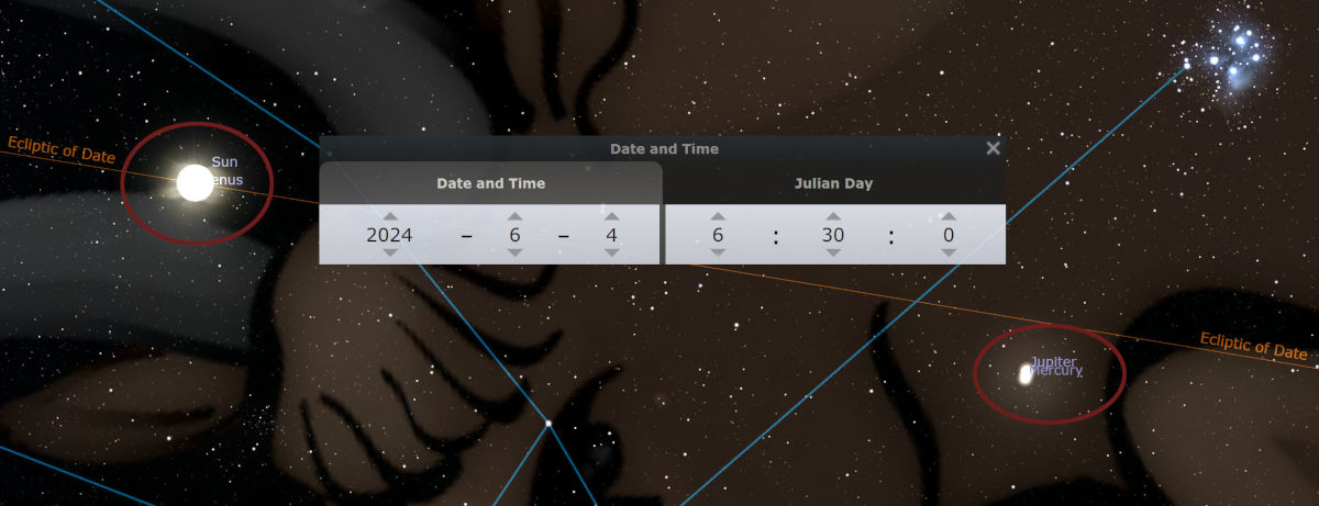 An astronomical software interface displays the celestial arrangement for June 4, 2024, showing the Sun and Jupiter along the ecliptic, with numerous stars in the background. On-screen panels indicate the specific date and Julian Day.