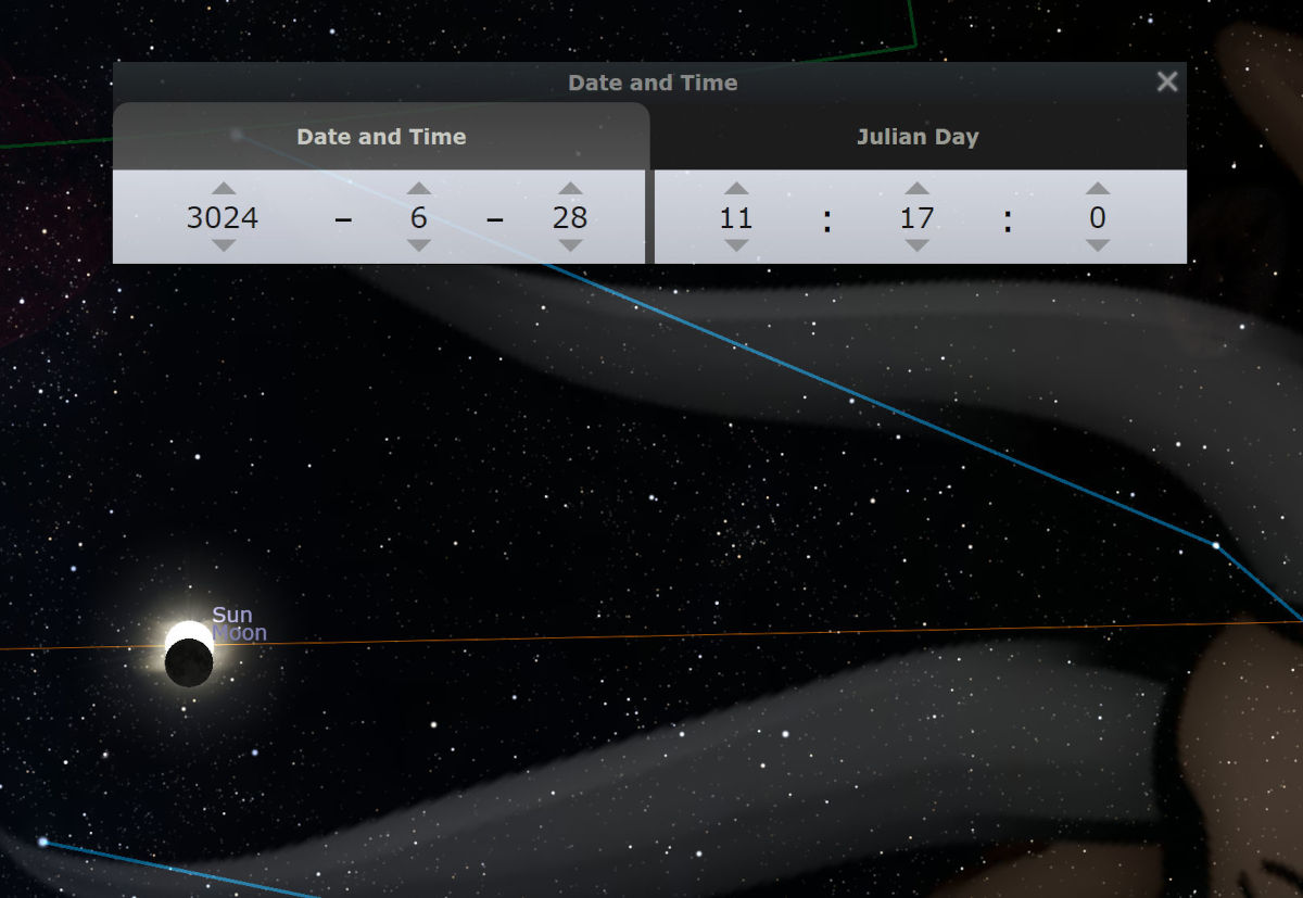 A digital depiction of a celestial observation software interface shows the sun eclipsed, surrounded by stars against a dark cosmic background. The image also displays a 'Date and Time' panel indicating the year 3024, month 6, day 28, and time 11:17:00, next to a 'Julian Day' readout.