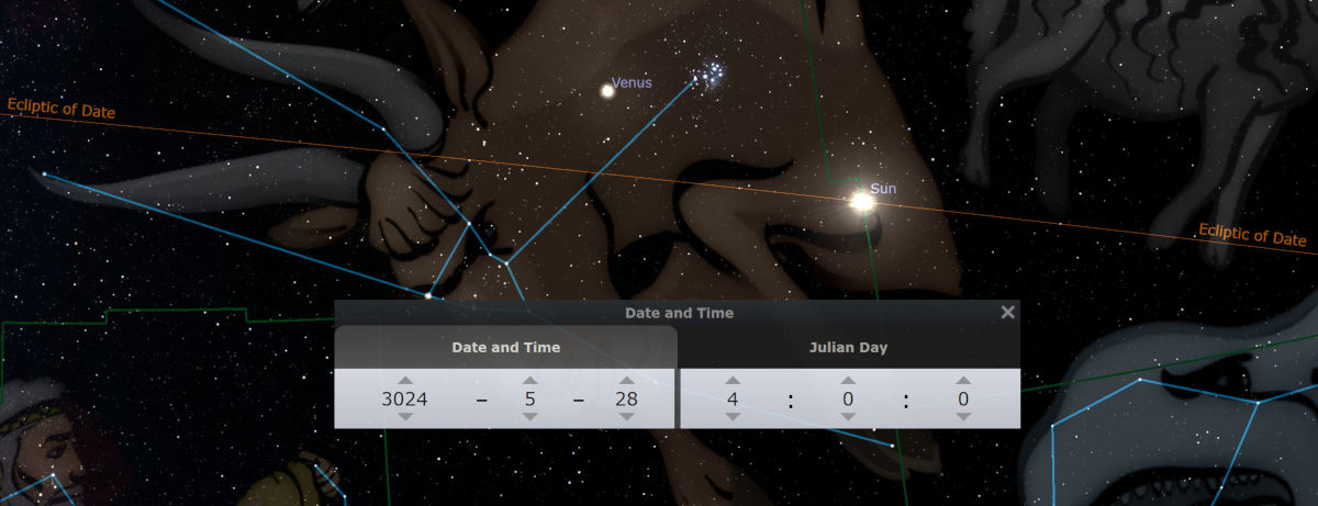 A digital astronomical software display showing the celestial positions on a specific date in 3024, with major celestial bodies like the Sun and Venus labeled. The image integrates illustrations representing parts of the Mazzaroth amidst a starry background, with the ecliptic line prominently visible. A date and time widget at the bottom displays May 28, 3024, and the Julian Day equating to 4:0:0.