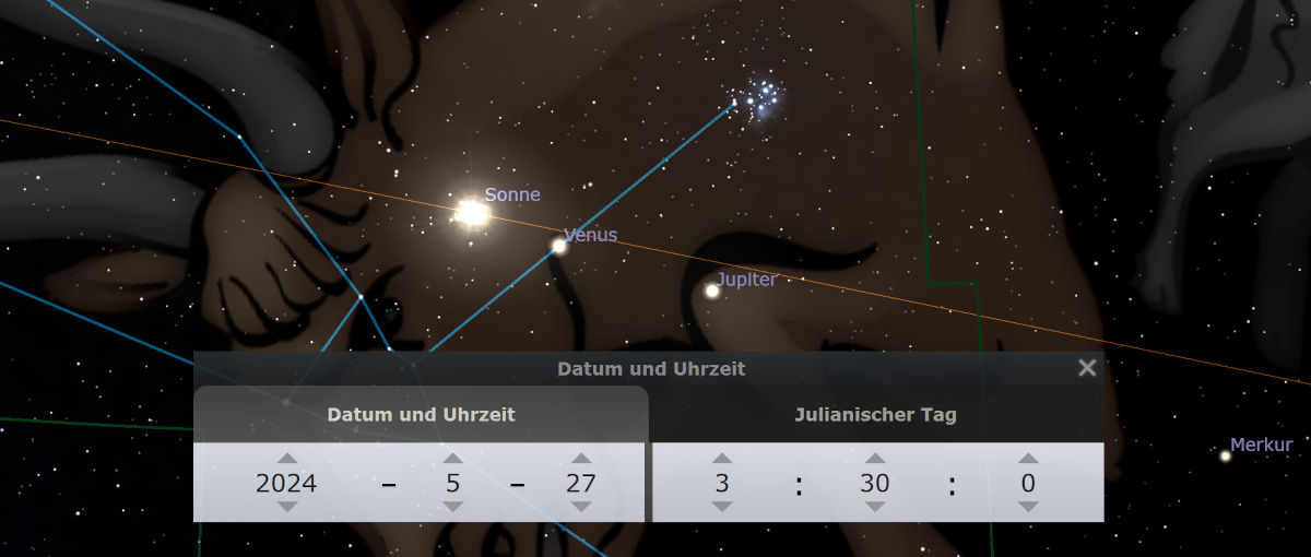 Ein astronomisches Diagramm zeigt die Planetenpositionen mit Sonne, Venus und Jupiter, die über eine stilisierte Darstellung der Mazzaroth ausgerichtet sind. Im Vordergrund ist ein benutzerdefiniertes Interface sichtbar, das Datum und Uhrzeit anzeigt, hier der 27. Mai 2024, 3:30 Julianischer Tag.