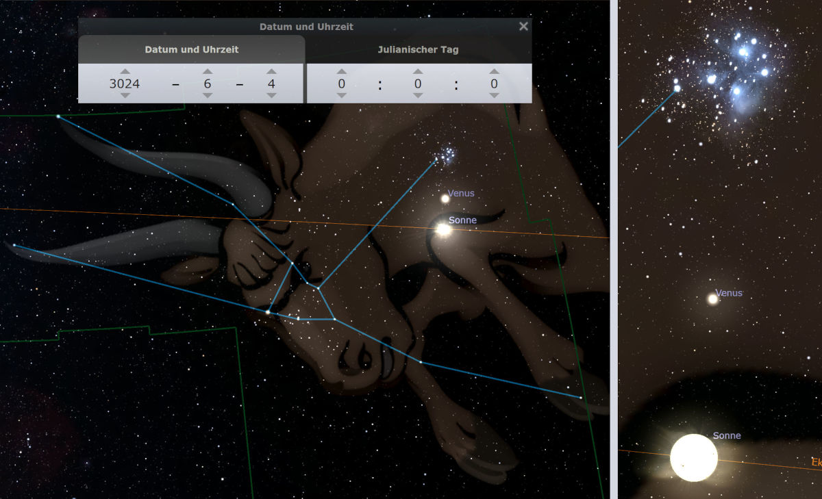 Astronomische Darstellung mit einer Illustration der Mazzaroth, markiert mit blauen Linien, zeigt Positionen von Planeten wie Venus und die Sonne über einem dunklen Sternenhimmel. Eine Datums- und Zeitsteuerung für das Jahr 3024 ist im Vordergrund sichtbar.