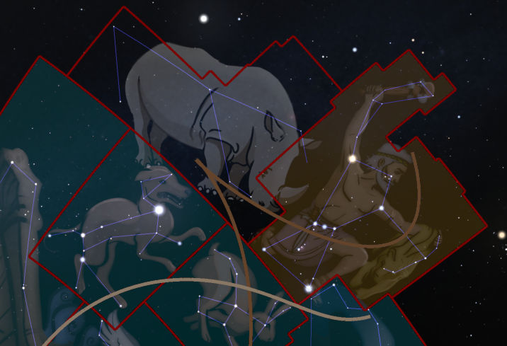An artistic depiction of the Mazzaroth with various celestial figures interconnected by lines against a starry night sky. The figures are overlay with translucent outlines matching their shapes, highlighting their connections in the cosmos.