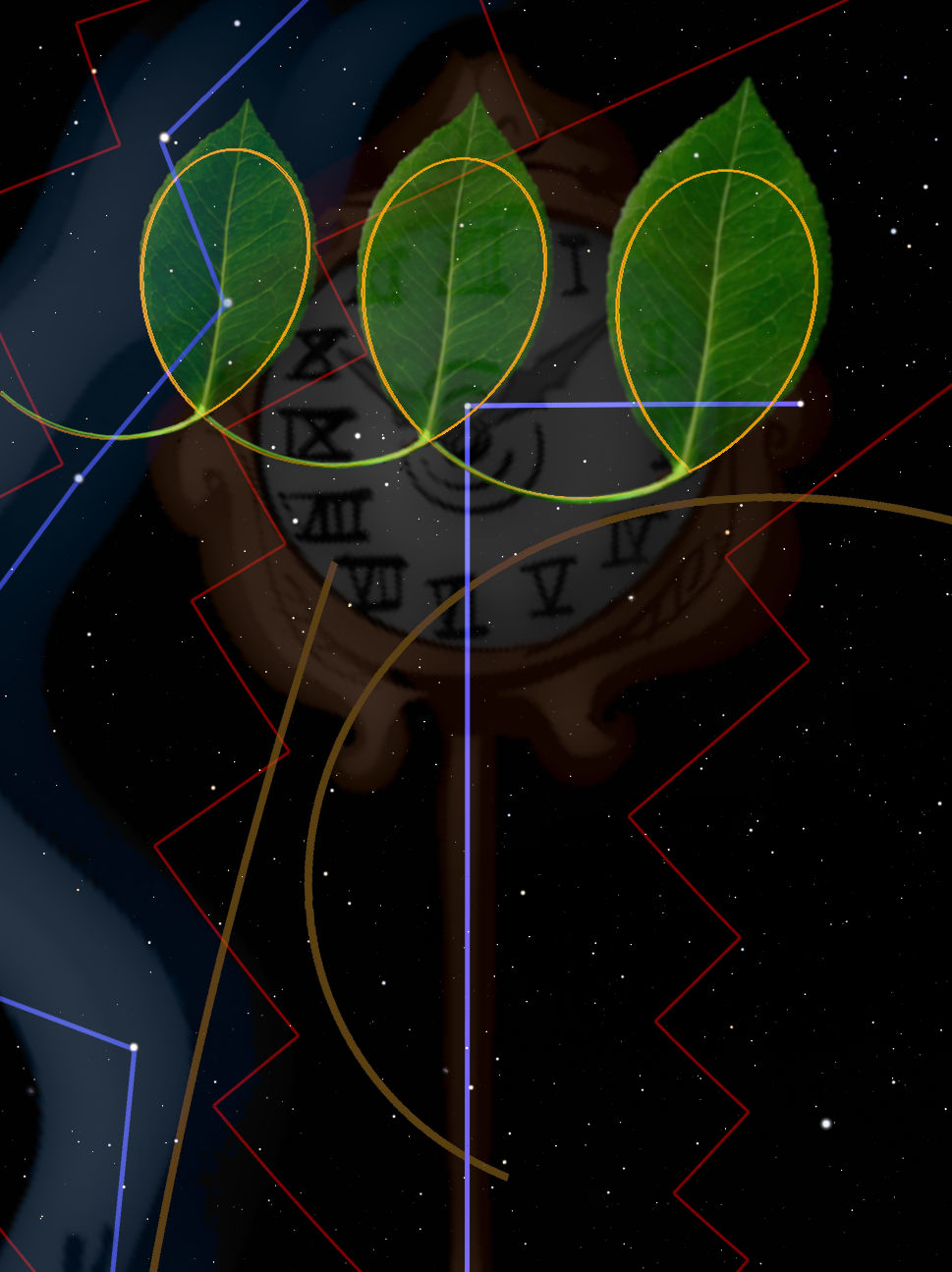 A surreal artistic depiction featuring three green leaves superimposed over a stylized watch face with Roman numerals, set against a dark starry sky. The composition includes colorful geometric shapes and lines intersecting across the elements.