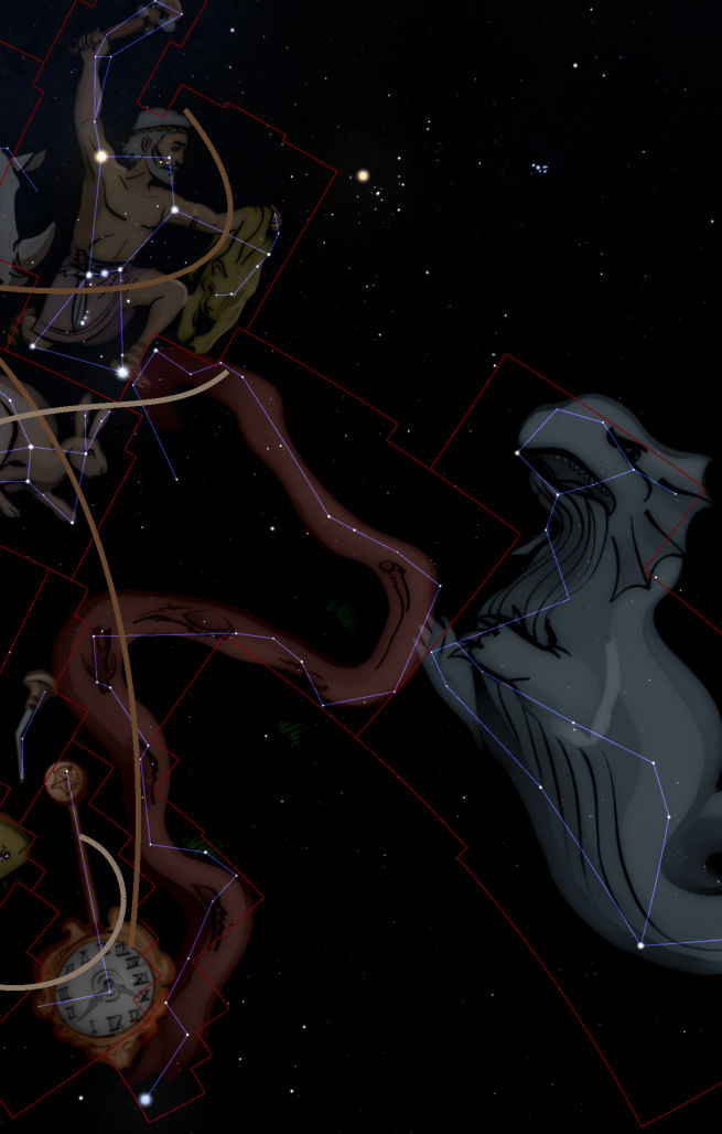 Illustration of a celestial scene depicting two prominent constellations interacting in a starry sky. The figure on the left, resembling a mythical archer, appears to be directing an arrow towards an ethereal, draped figure on the right that resembles a flowing gown. Both figures are outlined with bright, interconnected stars and geometric lines suggesting their connection to celestial phenomena, with a pocket watch dangling in the foreground implying a theme of time.