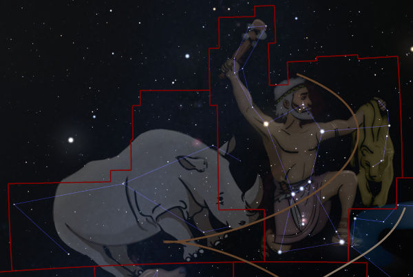 An illustration of a celestial constellation depicting a bull and a human archer, set against a starry night sky. The figures are outlined in red and connected by white lines to distinguish the constellation pattern.