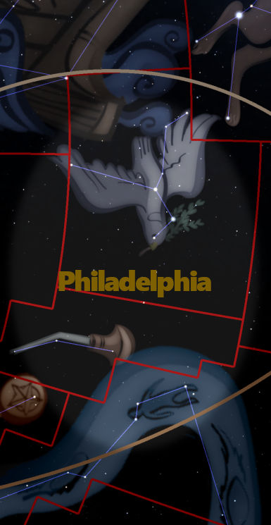 Illustration einer astronomischen Darstellung mit Sternbildern und dem Wort "Philadelphia" in gelben Buchstaben. Die Sternbilder sind durch weiße Linien verbunden und einige davon ähneln einem Menschen oder mythologischen Figuren im dunklen Weltraumhintergrund.