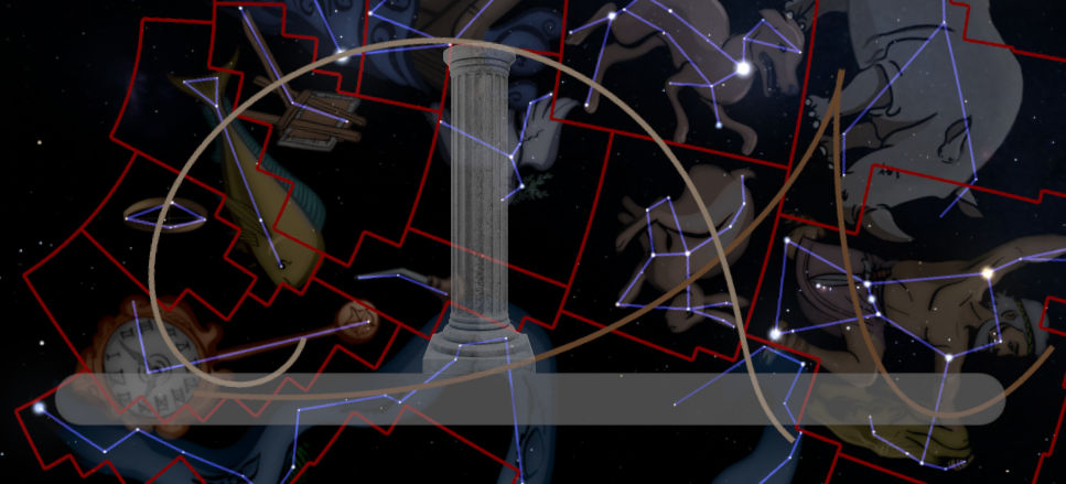 A digital composition blending a classical architectural column with illustrations of celestial constellations represented in the Mazzaroth against a starry sky. Intersecting lines and geometric shapes overlay the constellations, adding a sense of connection and structure.