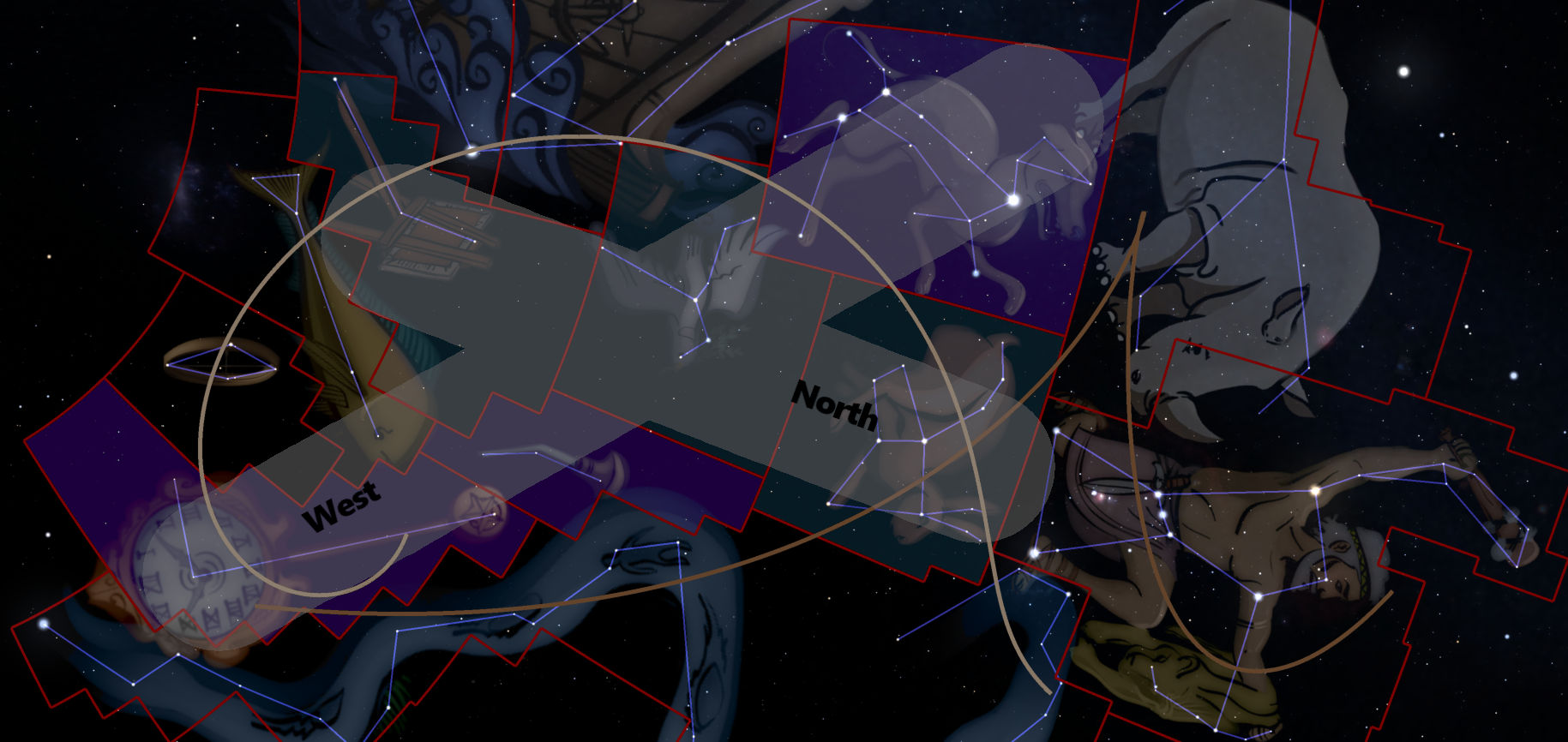 A digital composite image depicting various celestial constellations overlaid on a night sky. The constellations, connected by bright white lines indicating stars, include illustrative representations of ancient figures against a backdrop of dark space punctuated by stars. Notable directional markers like 'North' and 'West' are visible, guiding the orientation within the celestial sphere.