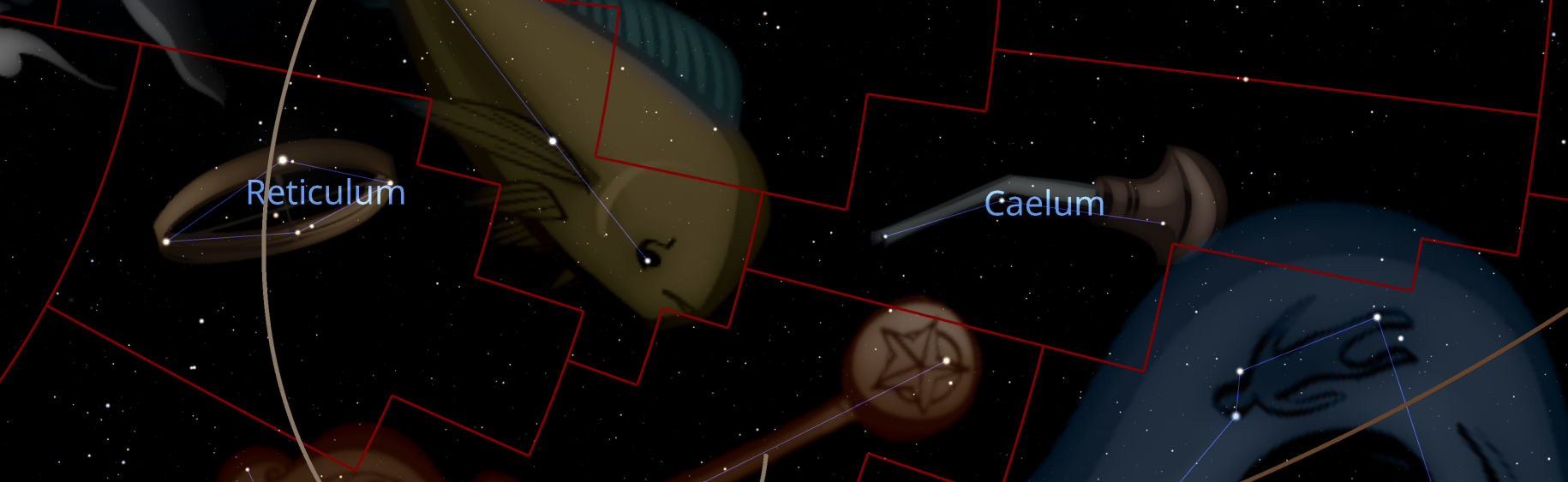 A digital illustration of the night sky segmented into constellations with their names labeled. Visible are Reticulum, resembling an oval mesh, and Caelum, depicted as a carving tool, against a backdrop of numerous twinkling stars. Red grid lines overlay the image, enhancing the scientific theme of the depiction.