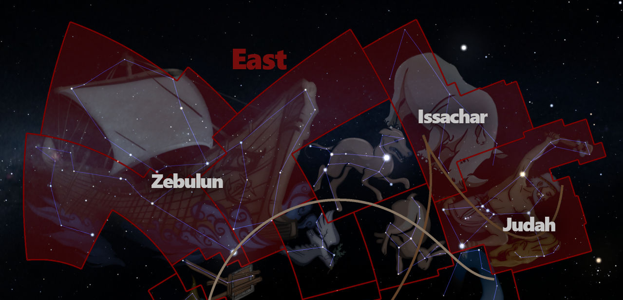 A digital artwork depicting a night sky filled with stars, overlaid with illustrations and names of three figures labeled as Zebulun, Issachar, and Judah, located in the eastern sky. The figures are artistically represented and connected by lines simulating the Mazzaroth patterns.