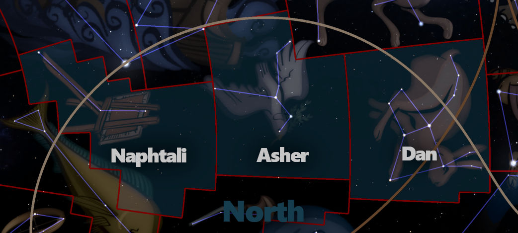 A celestial depiction showing a starry night sky with connecting lines forming clusters named Naphtali, Asher, and Dan within outlined regions. The northern orientation is marked distinctly.