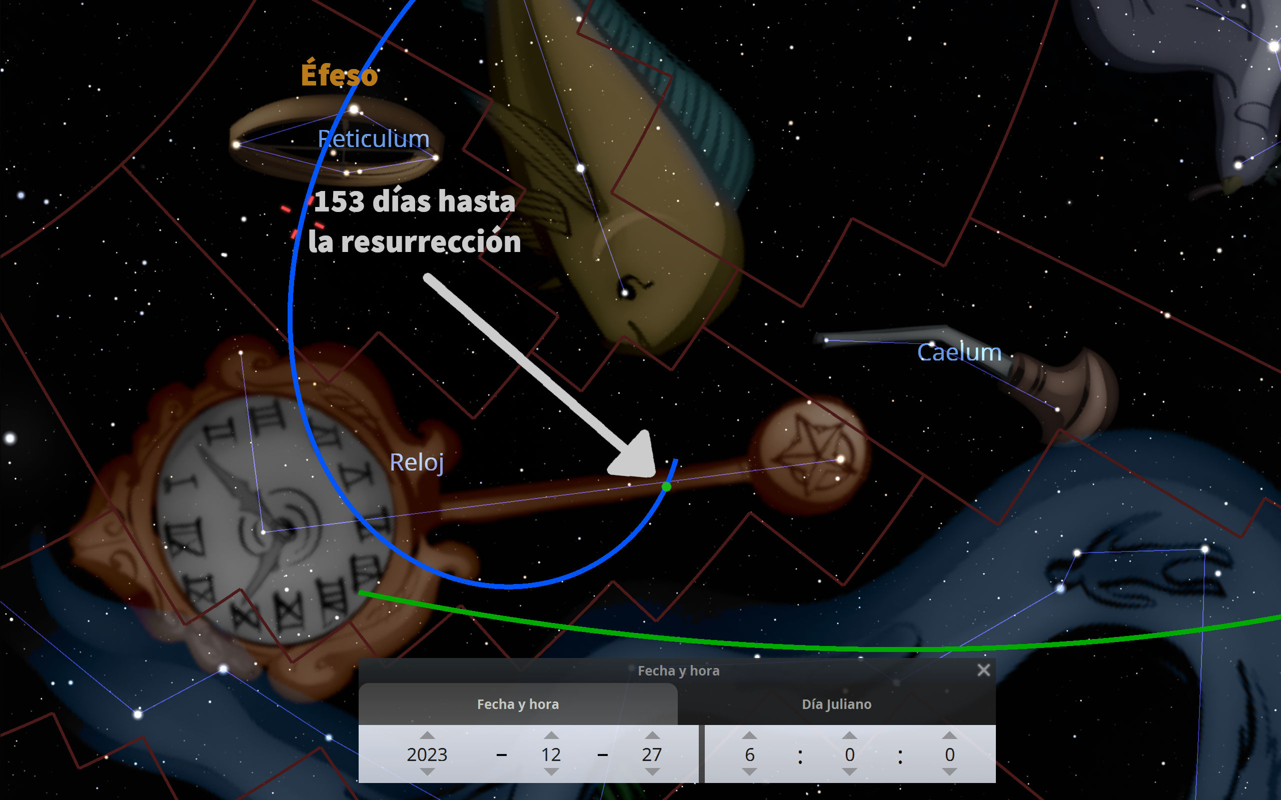 Imagen digital compleja que muestra un fondo estrellado con representaciones artísticas de objetos científicos y simbólicos. En primer plano, un reloj antiguo de bolsillo y una brújula dorada flotantes. Líneas y textos indican mediciones y conexiones entre varios elementos, incluido un libro antiguo, con anotaciones que mencionan "153 días hasta la resurrección". También se incluyen referencias a configuraciones estelares como Reticulum y Caelum, sin mencionar explícitamente términos de Mazzaroth.