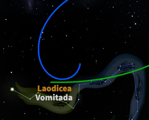 Ilustración que representa una constelación con forma de serpiente en el contexto cósmico, con estrellas visibles en el fondo y una línea azul curva. La imagen incluye la inscripción "Laodicea Vomitada" en texto verde luminoso.