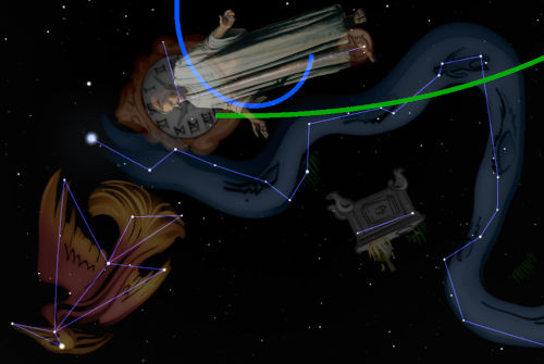 A complex celestial artwork displaying elements from the Mazzaroth. A central figure adorned with a flowing robe appears amidst intricately linked constellations, each marked by vivid lines forming distinct shapes against a star-filled sky. A vibrant green line curves through the scene, suggesting a visible path or orbit among the stars.