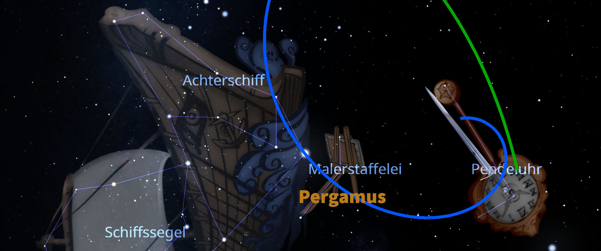Ein digitales Bild, das künstlerische Darstellungen astronomischer Elemente über einem sternenklaren Himmel zeigt. Zu sehen sind ikonische Fragmente, die mit Schiffselementen und einer Alten Uhr assoziiert sind, sowie farbige Linien, die verbindende Muster zwischen den Sternpunkten skizzieren.