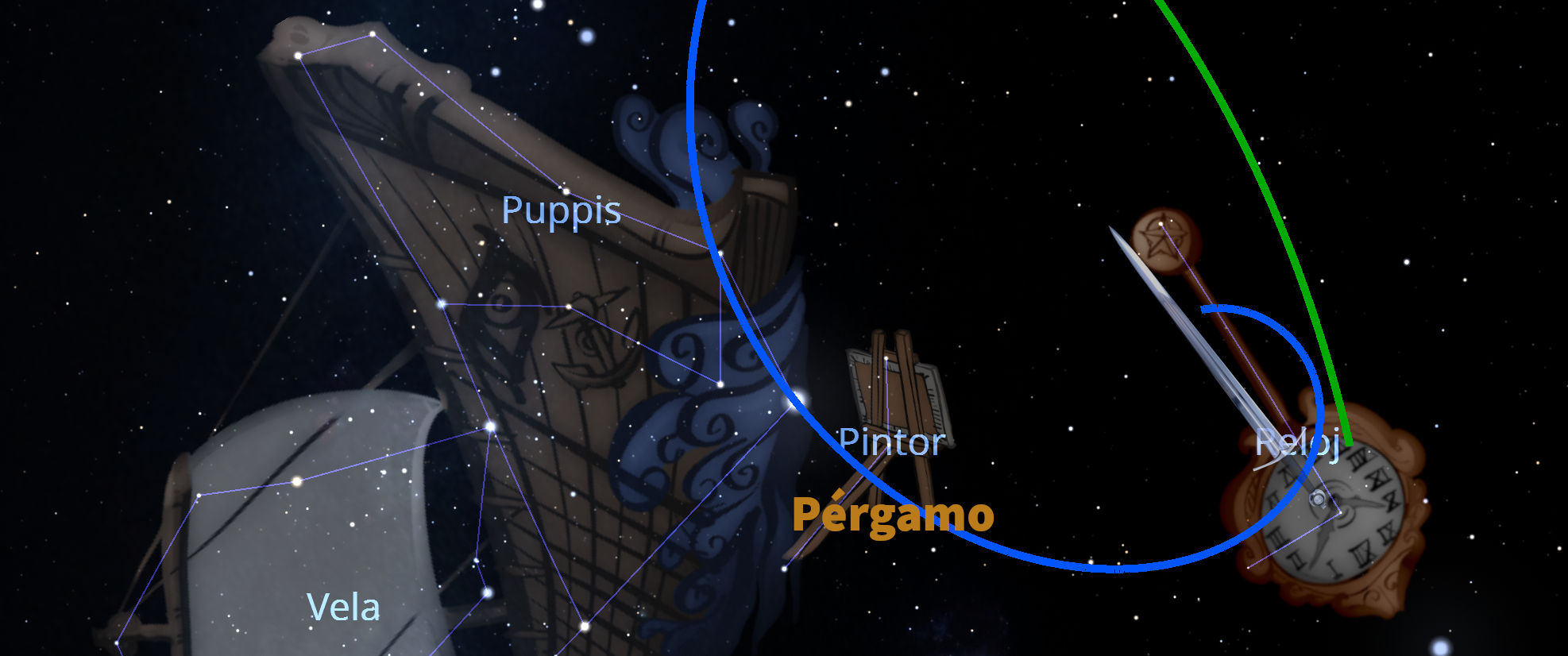 Imagen cósmica que representa constelaciones en un fondo estrellado. Se destacan trazos y etiquetas que simulan antiguas herramientas de navegación astronómica en azul claro y verde, señalando hacia diferentes estrellas, junto con descripciones de componentes del firmamento.
