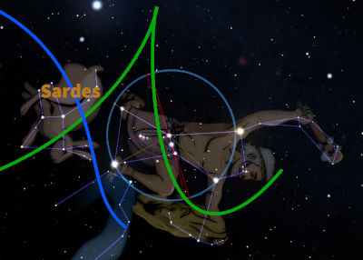 Illustration eines Sternbilds aus der Mazzaroth im Weltraum, hervorgehoben durch farbige Linien und verbunden mit Namen. Hintergrund mit Sternen übersät.