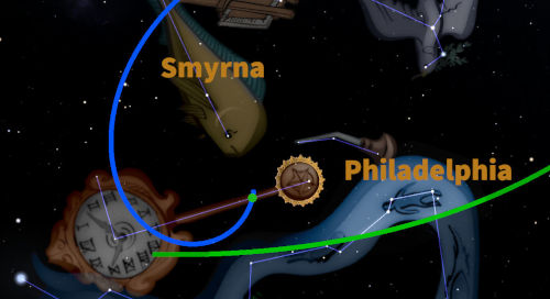 An artistic depiction featuring constellations among the stars with labels reading "Smyrna" and "Philadelphia" pointing to celestial symbols including a golden crown and an old-fashioned pocket watch. A glowing green and a bright blue line curve across the starlit backdrop, connecting these symbols to their respective labels.