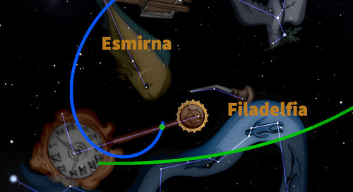 Ilustración que muestra un fondo estelar oscuro con elementos celestes, incluyendo una representación de constelaciones conectadas por líneas de colores verde y azul. Se observan nombres como "Esmirna" y "Filadelfia" junto a iconos que incluyen un reloj antiguo y un medallón. Ambos están vinculados visualmente en este contexto astronómico.