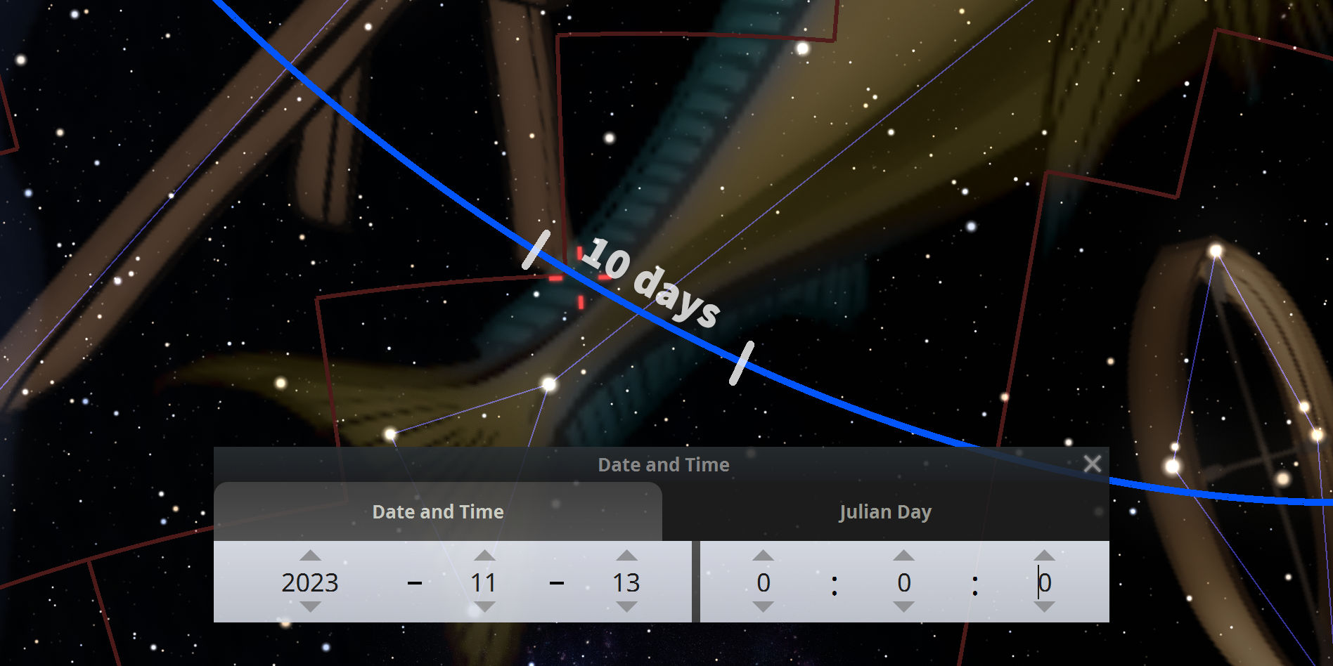 Digital depiction of a celestial observation software interface showing details of a specific constellation within the Mazzaroth. The interface includes overlays of blue lines indicating celestial coordinates and highlighted features, with red outlines capturing segments of interest. A label stating "10 days" connects two points, and a control panel displays a date setting for November 13, 2023.