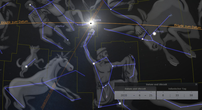 Digitale Darstellung des Nachthimmels mit abgebildeten Elementen der Eklipse, inklusive Positionen von Sonne, Merkur und Venus, sowie grafisch hervorgehobene Figuren aus der Mazzaroth. Darunter befindet sich ein Interface mit Datum und Uhrzeitangaben.