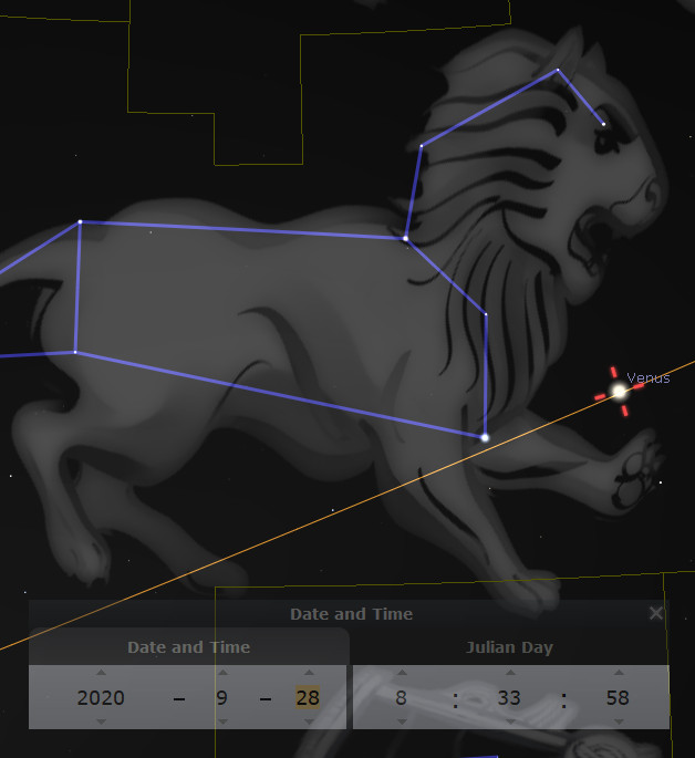 Illustration depicting a constellation from the Mazzaroth resembling a lion, mapped over with blue connecting lines among the stars. An interface displaying date and time along with Julian day is visible at the bottom. A highlighted star labeled 'Venus' near the lion's paw.