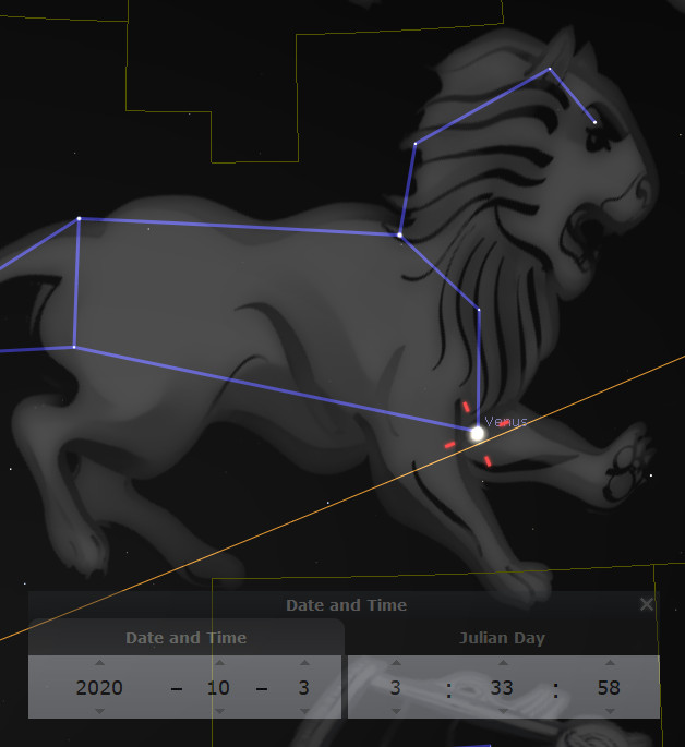 An artistic representation of a lion with a superimposed constellation outline connected by blue lines, against a starry black background. Below, a digital interface shows the date and Julian Day.