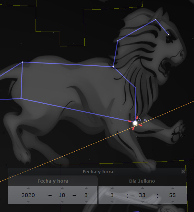 Imagen digital de un león con la constelación del Mazzaroth trazada sobre ella, destacando una alineación con el planeta Venus. También se muestran tablas con datos astronómicos que incluyen la fecha y hora exacta de la observación.