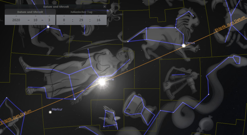 Digitale Darstellung des Nachthimmels mit astronomischen Koordinaten und Darstellungen aus der Mazzaroth. Mehrere Himmelskörper, darunter Venus und Merkur, sind markiert, umgeben von illustrierten Figuren, die klassische astronomische Muster bilden.