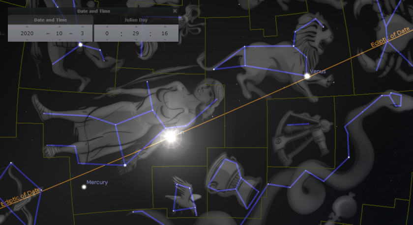 A digital astronomical illustration showing elements of the Mazzaroth depicted as ancient figures connected by blue lines, underlaid by dark space. Prominent figures include a reclining woman and a lion. The image includes visible plant names like "Venus" and "Mercury," and scientific overlays such as coordinate grids. The display shows "Date and Time" details for 2020-10-3 at 00:29:16.