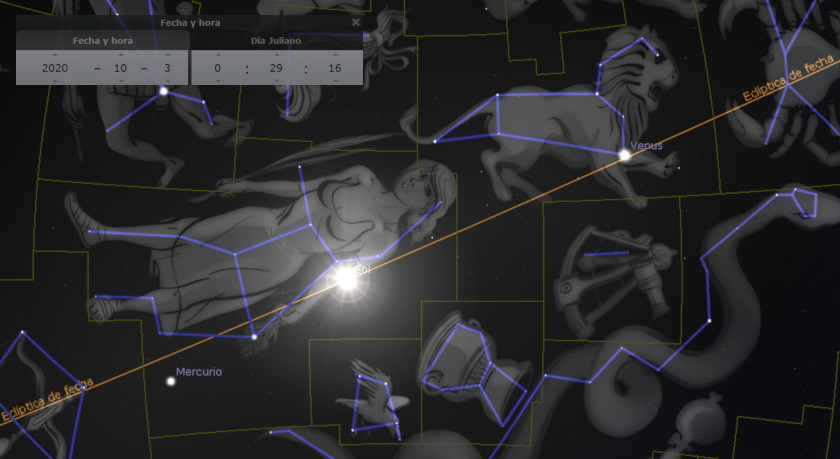 Imagen de un software astronómico que muestra una representación artística de algunas constelaciones y planetas del sistema solar. Se visualizan figuras estilizadas que conectan estrellas, incluyendo una figura femenina y un león, sobre un fondo oscuro con líneas y etiquetas de coordenadas celestes y nombres de cuerpos celestes, como Venus y Mercurio. Se incluyen referencias temporales como la fecha y la hora.