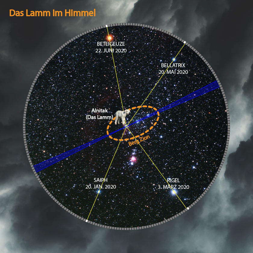 Eine sternklare Nacht mit einer Darstellung des Mazzaroth, bei der ein Lamb auf einer sternengebundenen Linie zwischen den Sternen Alnitak und Bellatrix steht. Ovale Linien und Datumsangaben markieren wichtige Himmelsereignisse.